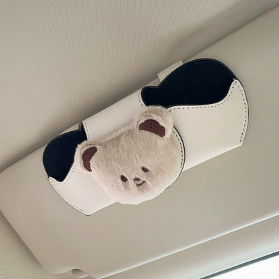 Car Glasses Clip/Bill Clip Box, Glasses Holder - off-white-glasses-case-and-leather-case-plush-bear