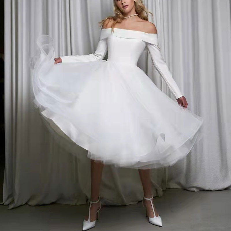 El Comercio exterior europeo y americano Amazon AliExpress desea elegante vestido de novia fuera del hombro vestido de novia corto simple manga larga fuera del hombro