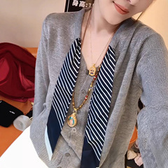 灰色时尚气质V领设计感长袖T恤女2025早秋新款显瘦大码百搭上衣潮
