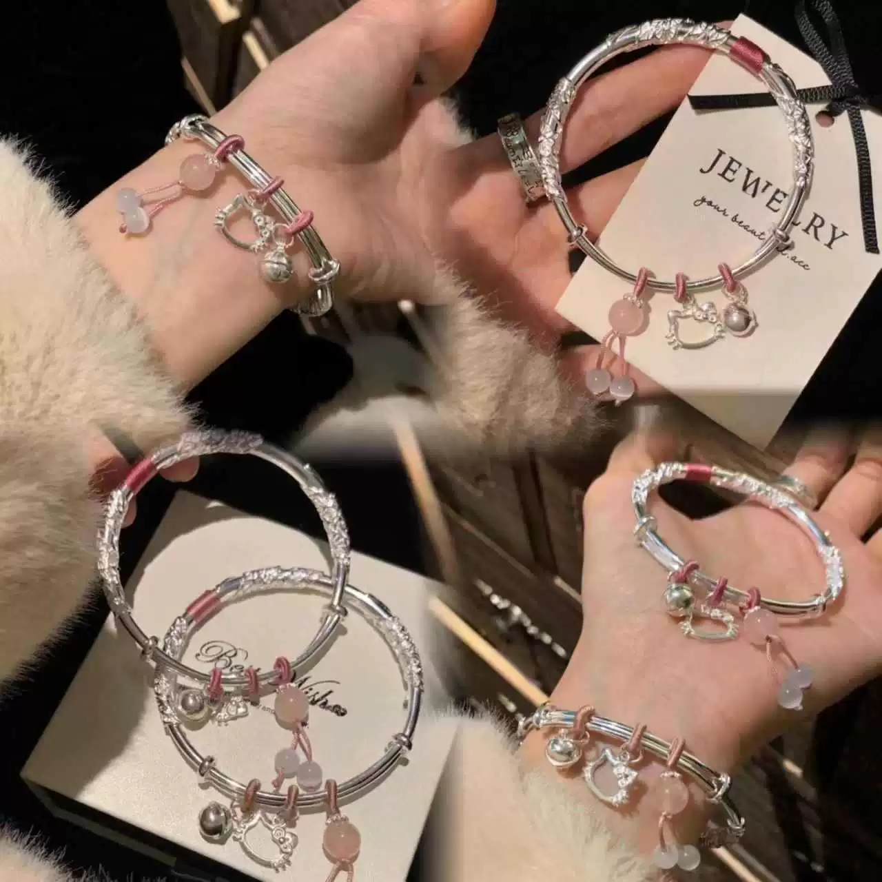 Цветочный браслет для женщин. Популярный открытый серебряный браслет с котенком и бабочкой. Нишевый универсальный браслет для пары лучших друзей.