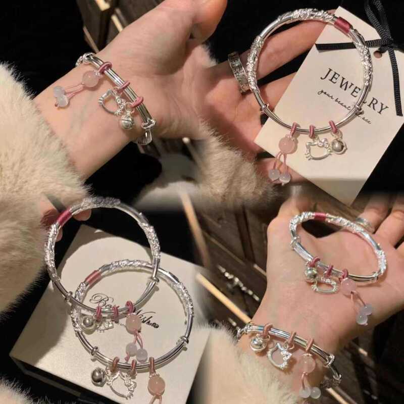 Floral Bracelet for Women Popular Kitty Cat Butterfly Open Silver Bracelet Niche Versatile Best Friend Couple Bracelet