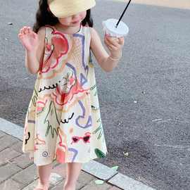 2023夏款女童连衣裙韩版森系艺术涂鸦彩印大裙摆无袖儿童背心裙子