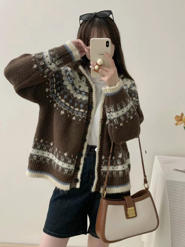 费尔岛重工提花连帽开衫毛衣女2025秋冬新款韩系慵懒风针织外套厚|undefined