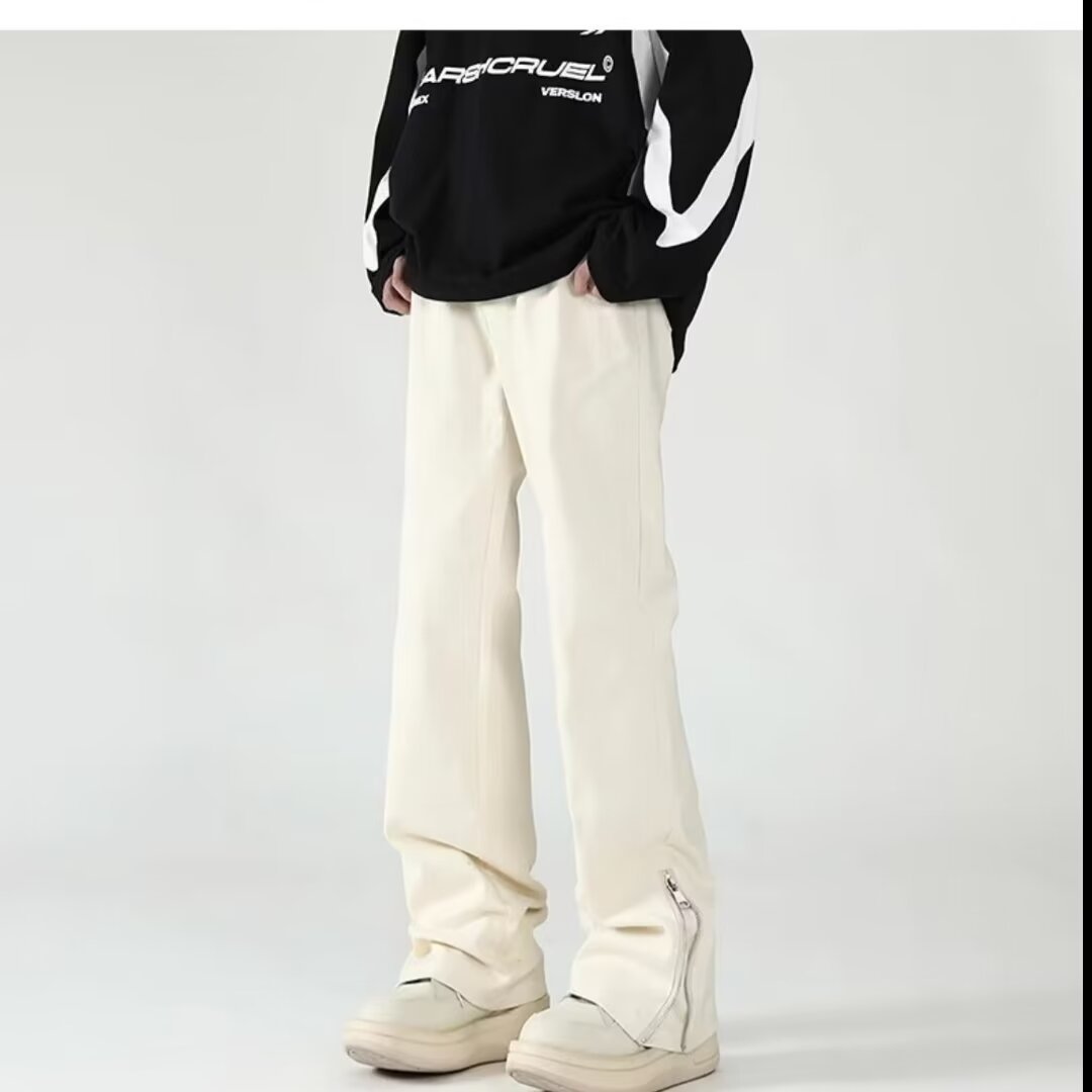 Vaqueros con cremallera desgastados lavados en la calle americana Primavera y otoño Pantalones largos de estilo vibe de moda holgados rectos para hombres