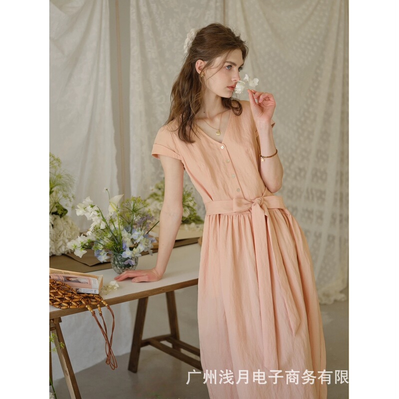 Simpelretro Half-Sleeved French-Style Tencel Tie-Waist Short-Sleeve Dress for Women, Summer Elegant Long Dress