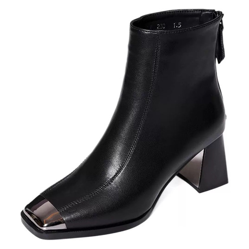 Women's Fall/Winter Square Heel High-Cut Short Boots, Thick Heel Genuine Leather Women's Shoes, Soft Leather Bare Boots, Mid-Cut Martin Boots