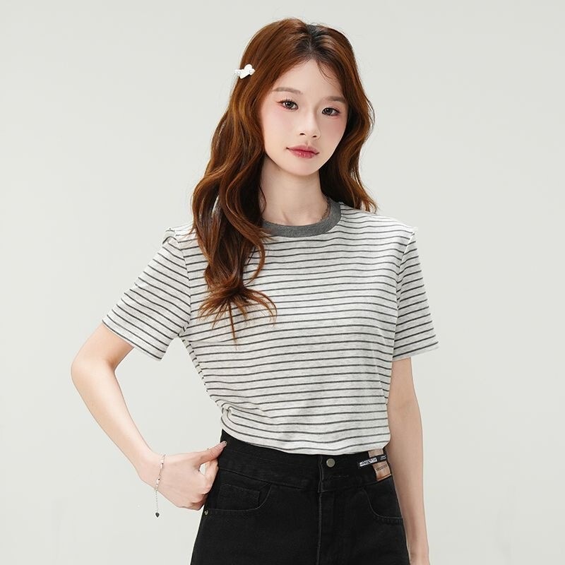 Summer New Short-Sleeved Lyocell Striped T-Shirt for Women, Versatile, Loose and Slimming Top
