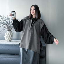 日系气质假两件撞色宽松毛衣衬衫秋季新款小众设计感个性时尚上衣