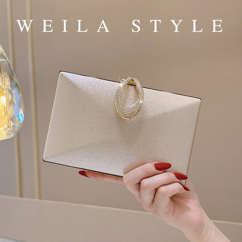 Schlichte, champagnergoldene Abendclutch im europäischen und amerikanischen Stil für Damen, Hartschalen-Clutch mit Strassverschluss, vielseitig einsetzbar_voghion.com