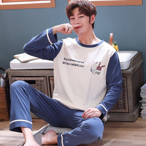 Men's pajamas for autumn and winter, cotton long-sleeved students and teenagers, new loose large-size home wear set