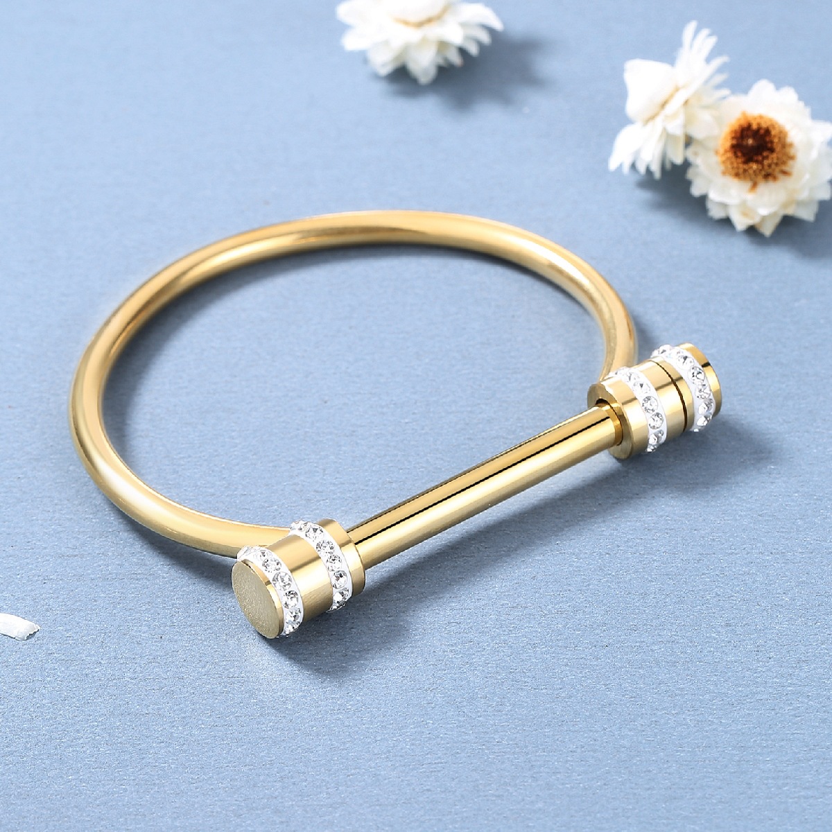 Fashion Geometric Stainless Steel Inlay Rhinestones Bangle