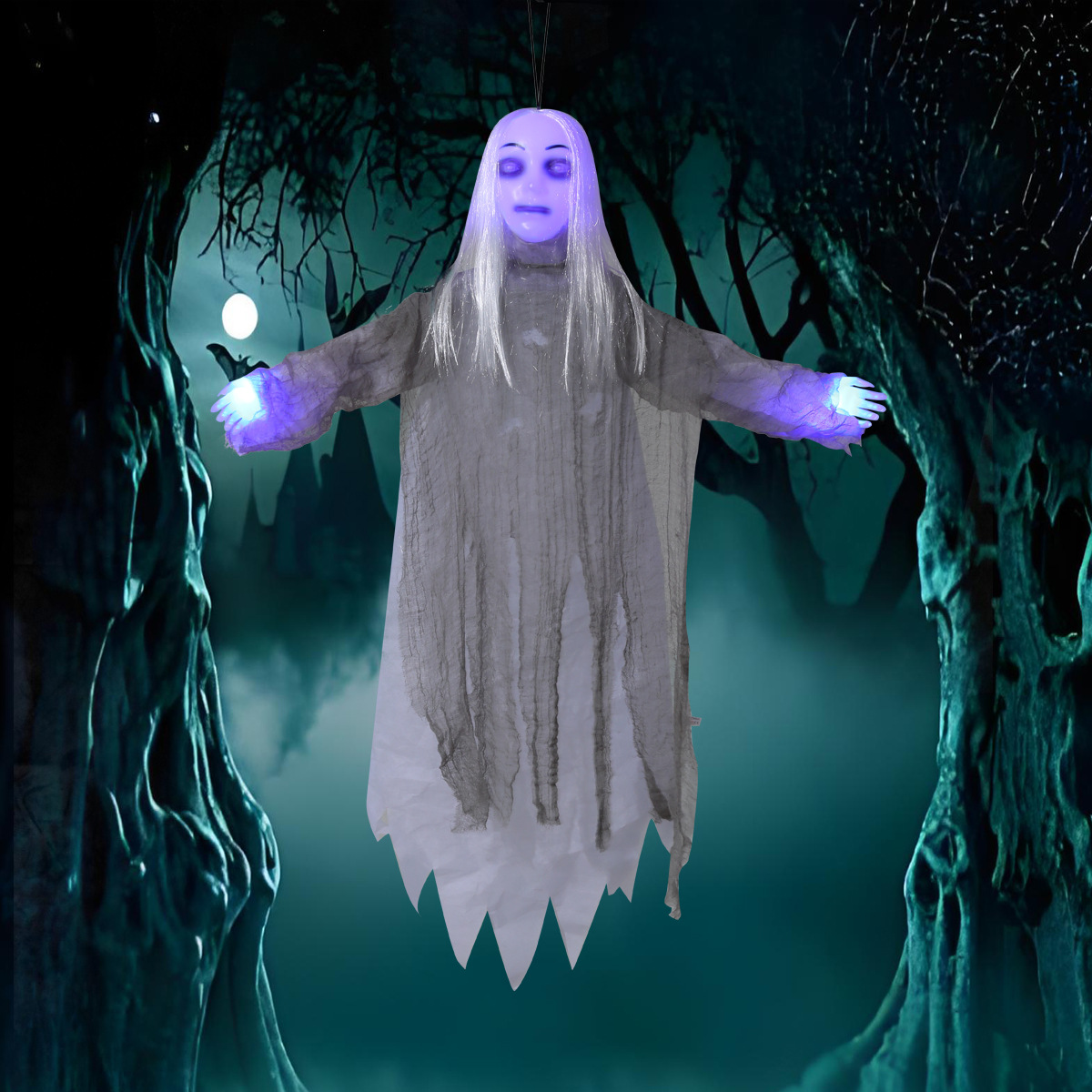 Halloween control de voz eléctrico fantasma de cabello blanco brillante clown cadenas colgando fantasma habitación secreta decoración de fiestas accesorios