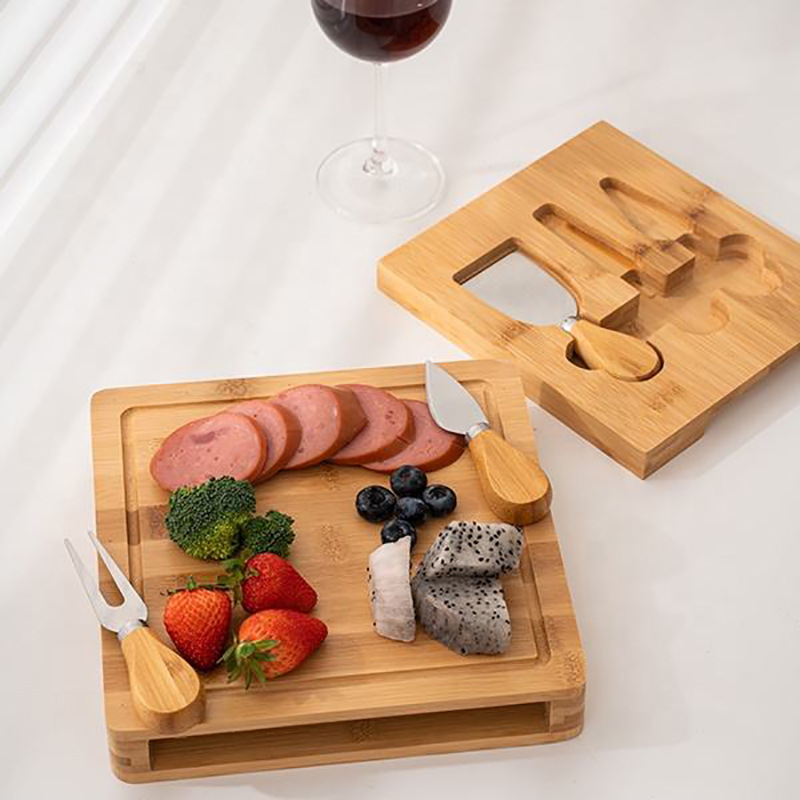 Tabla de corte de bambú creativa multifuncional tabla de queso fiesta snack jamón bandeja con cuchillo y tenedor tabla de bambú