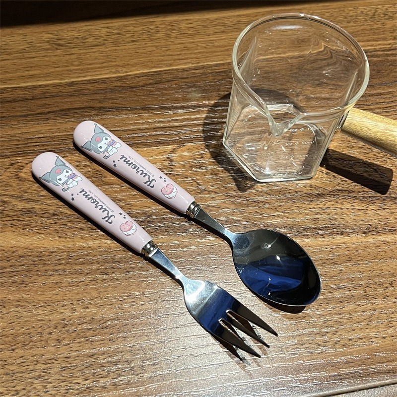 正版三丽鸥陶瓷勺叉 304不锈钢库洛米儿童勺辅食勺大耳狗餐具套装|undefined