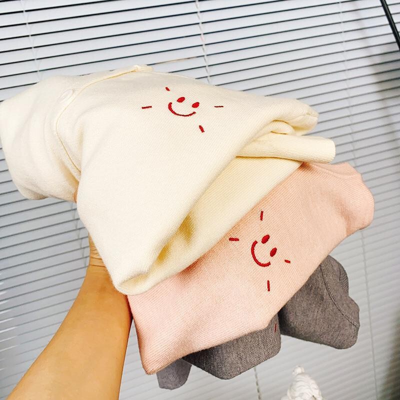 Two Core-Spun Yarns] Round Neck Embroidered Smiley Face Single-Breasted Knitted Cardigan Loose and Versatile Slimming Look Outer Top for Women