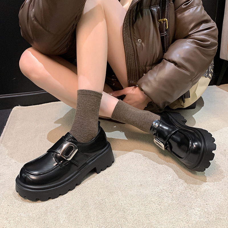 2024 gold small square buckle British style all-match round toe chunky heel Lefu leather shoes for women winter