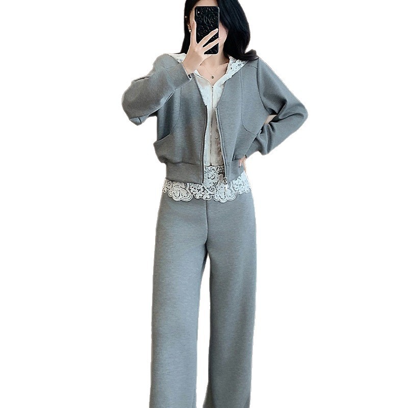休闲运动套装女春2025新款欧货连帽蕾丝拼接感显瘦减龄两件套|undefined