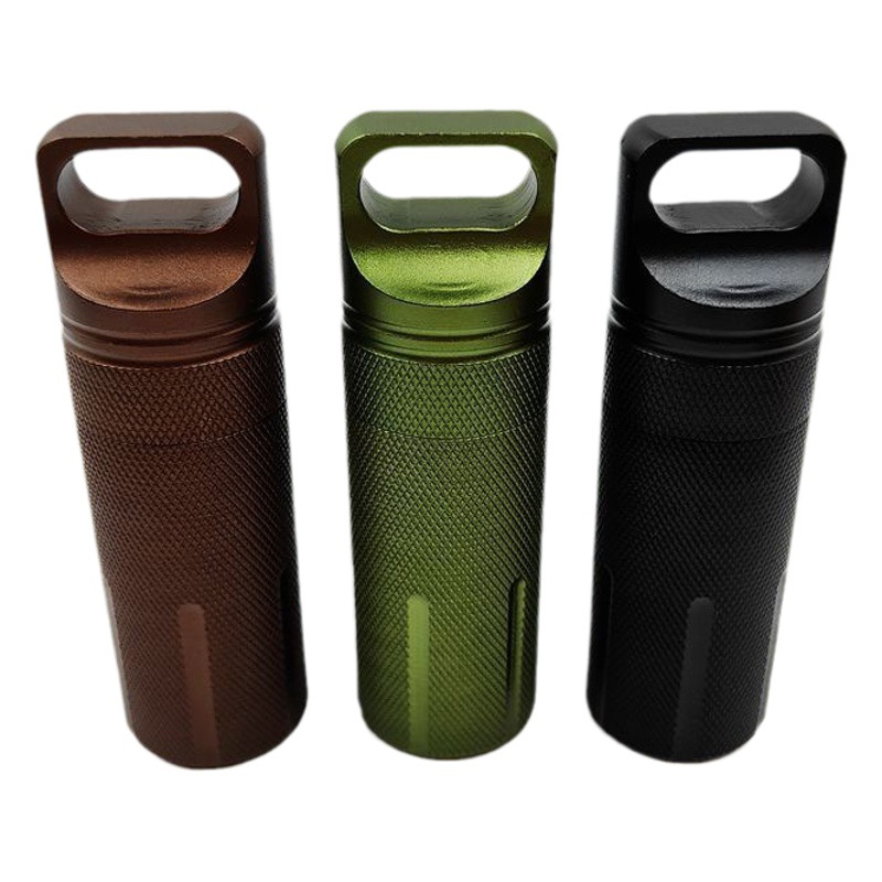 Aleación de aluminio portátil sellado tanque al aire libre de metal impermeable almacén portátil píldora botella cilíndrica llavero colgante