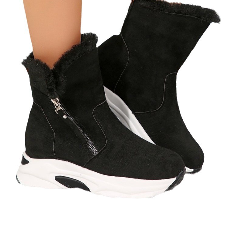 New round head with velvet warm side zipper low cylinder flat casual student women's snow boots_voghion.com