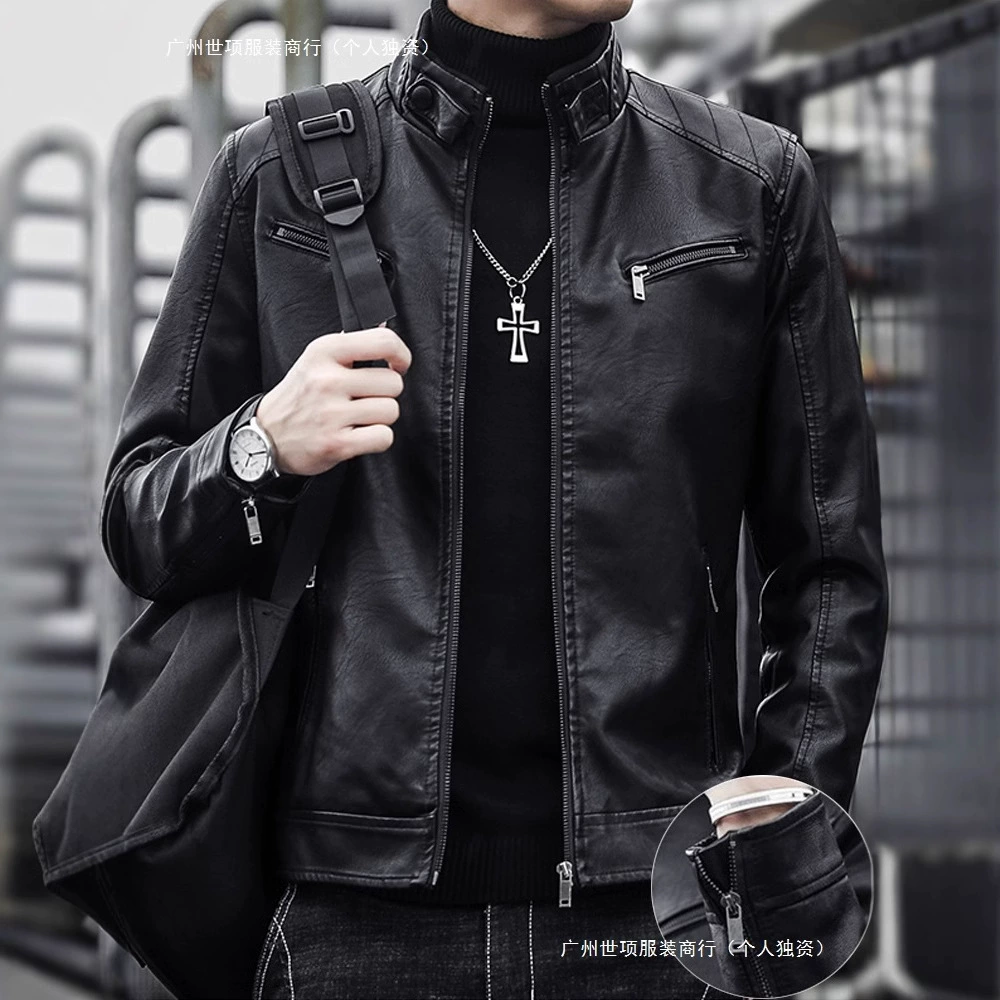 Кожаная одежда с воротником для мужчин 2024 весна и осень новый тренд для одежды для мужчин с бархатным толстым зимним сюртуком