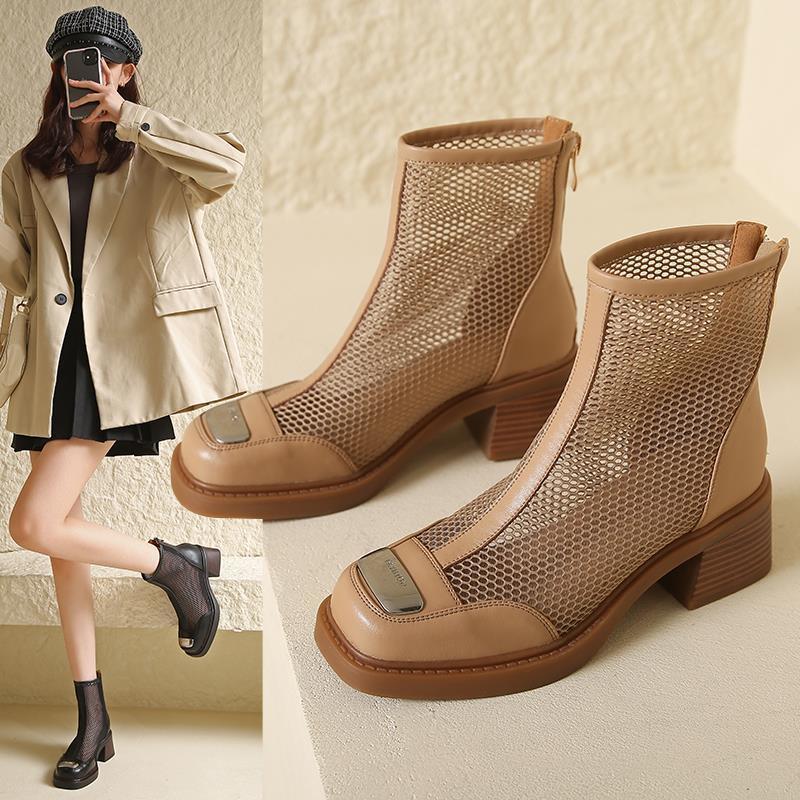 Jinbukang huecas botas Martin para mujer nuevas botas de malla transpirables delgadas de verano sandalias de todo fósforo de moda botas cortas de tacón grueso para mujer