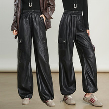 专柜百搭女装皮裤时尚休闲宽松直筒裤高腰洋气减龄绵羊皮工装裤子