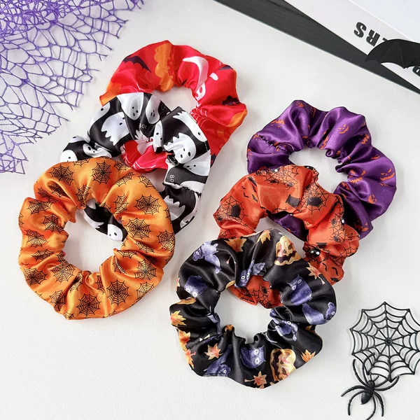 Halloween Glitter Ribbon Scrunchie with Pumpkin, Ghost, and Spider Web Print Ponytail Hair Tie for Holiday Party Hair Accessories