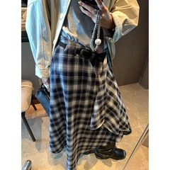 摩且 送腰带 腔调不规则撞色格纹高腰垂感A字显瘦半身裙 MQ0800