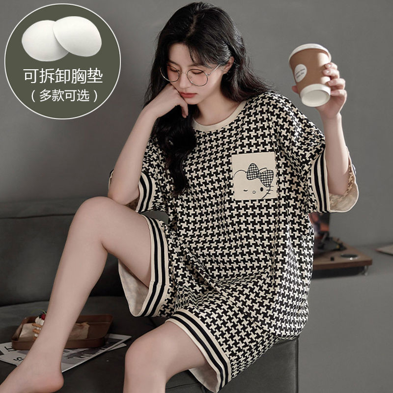 100% Pure Cotton with Built-In Breast Pads, Short-Sleeved Shorts, Pajamas for Women, Houndstooth Two-Piece Pajamas for Women, Summer Home Clothes, Summer 100% Pure Cotton with Built-In Breast Pads, Short-Sleeved Shorts, Pajamas for Women, Houndstooth Two-Piece Pajamas for Women, Summer Home Clothes, Summer