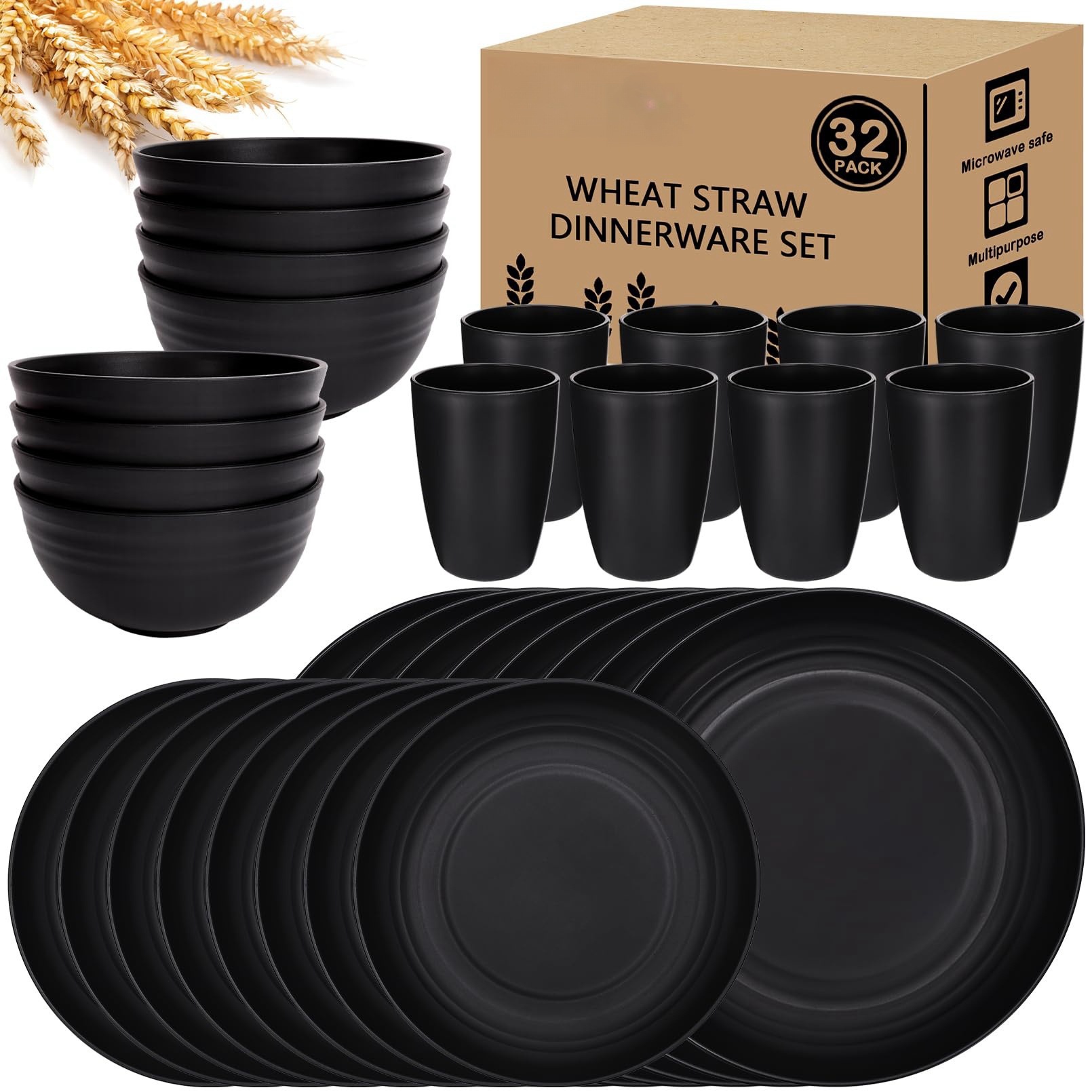 Amazon plato de comida negro tazón de sopa taza cuchillo tenedor cuchara vajilla juego de paja de trigo juego de regalo de campamento al por mayor