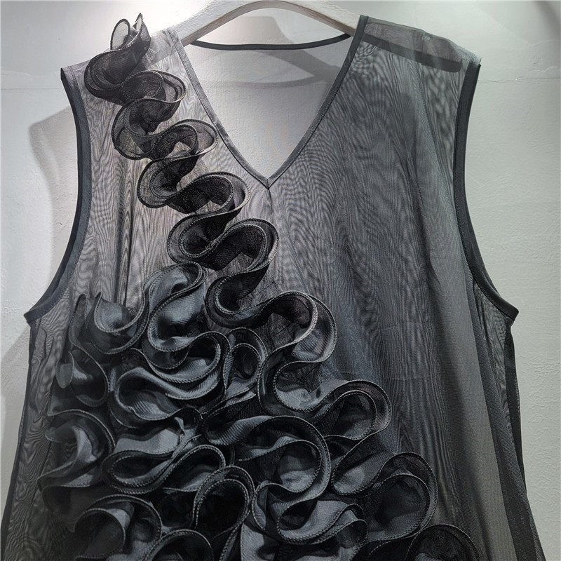 2026 primavera y verano nuevo estilo francés flores de cuello en V de malla transparente sin mangas chaleco de clip de caballo