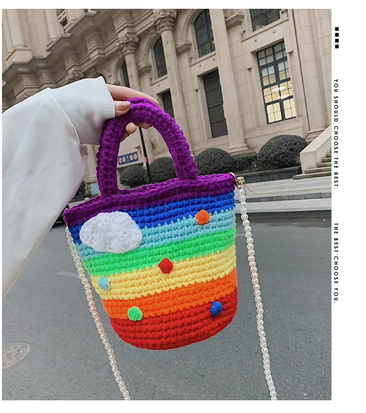 Women's Medium Plush Rainbow Stripe Cute Beading Weave Bucket Open Crossbody Bag display picture 1