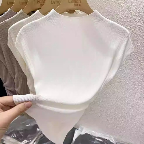 2025 Summer Half High Neck Knitted Short Sleeve T-Shirt Women's Design Sense Niche Thin Underwear French Style Body Shaping Top 