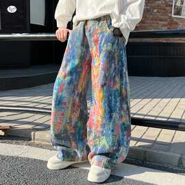 男童涂鸦阔腿裤2026年春季新款中大童休闲花色长裤直筒裤涂鸦裤子
