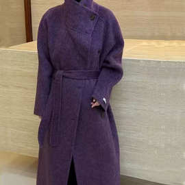 大码胖mm时尚精致小众立领葡萄紫长毛加厚保暖秋冬女双面羊毛大衣