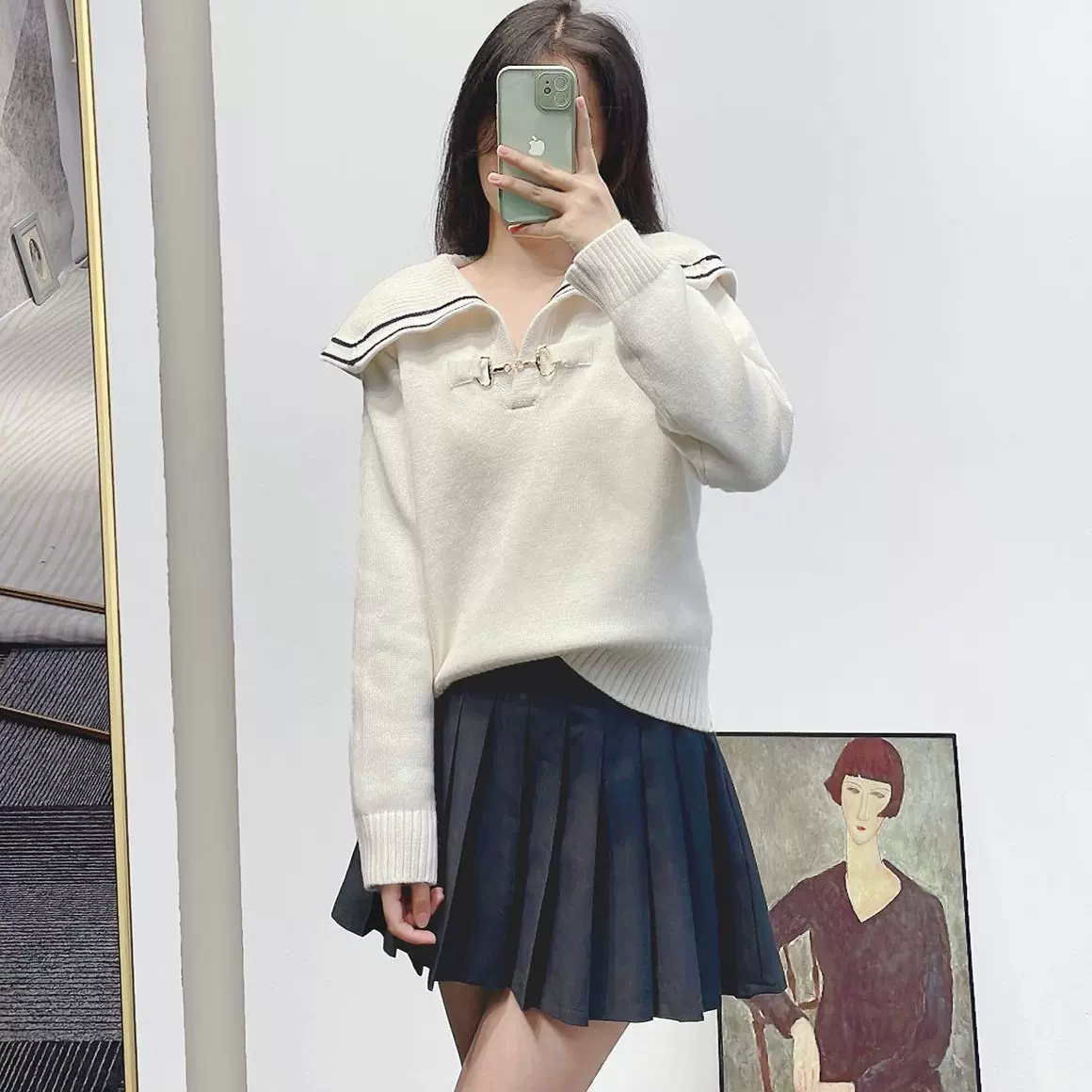 跨境早春女装法式学院风海军领毛衣女宽松慵懒气质长袖针织套头衫