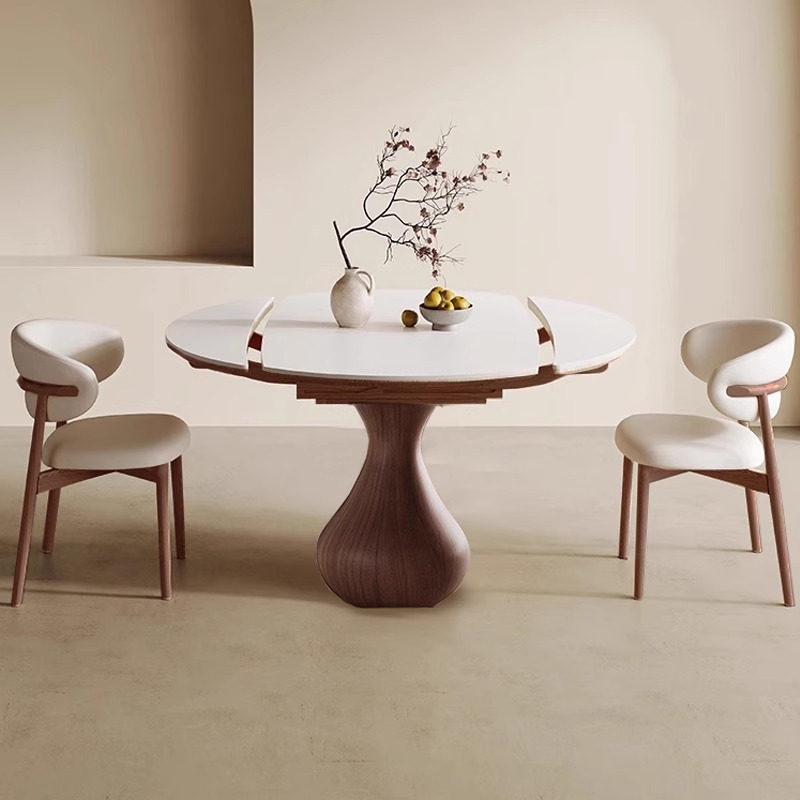 意式实木方变圆餐桌家用复古高端中古简约饭桌岩板伸缩餐桌椅组合