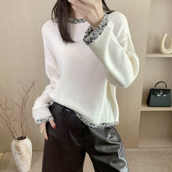 Toothbrush Yarn Decorative Neckline Knit Sweater Women's Autumn New Loose Stylish Versatile Long-Sleeve Base Shirt Top
