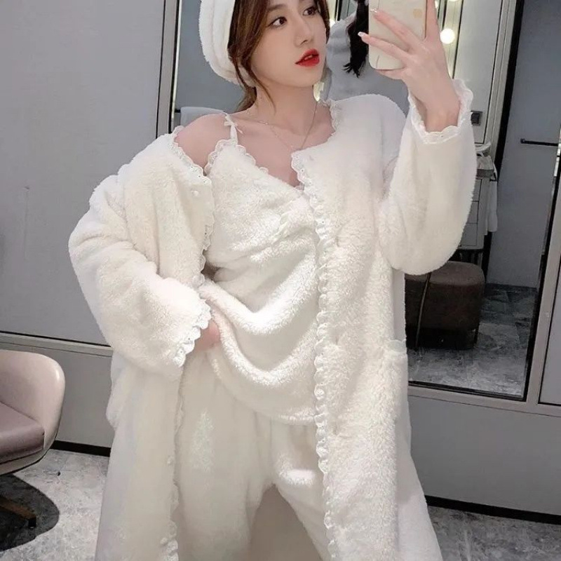 Fleece-Lined Thickened Coral Fleece Three-Piece Set White Women's Pajamas Autumn and Winter Simple Blue Fleece Loungewear Pajamas Fleece-Lined Thickened Coral Fleece Three-Piece Set White Women's Pajamas Autumn and Winter Simple Blue Fleece Loungewear Pajamas