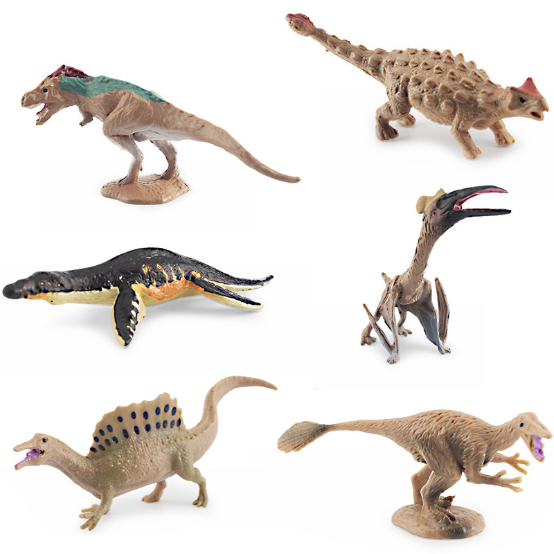 Modelos realistas de mini dinosaurios jurásicos transfronterizos: figuras de pterodáctilo, estegosaurio, parasaurolophus, velociraptor, therizinosaurus, ornithoraptor.