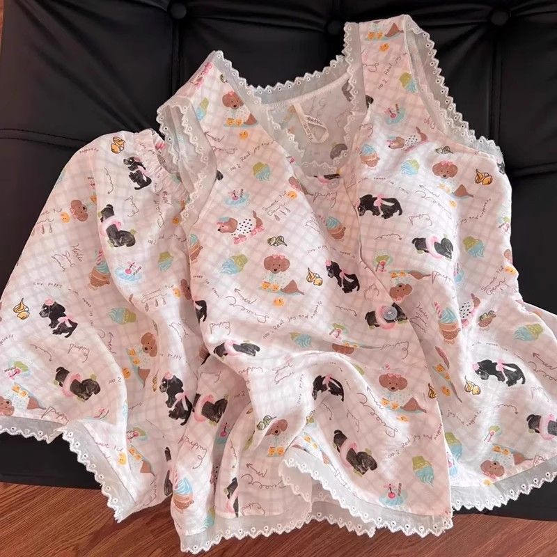 Pijamas con estampado de cachorro de dibujos animados dulce para mujer verano nuevo estilo chaleco de encaje pantalones cortos ropa a domicilio traje de dos piezas