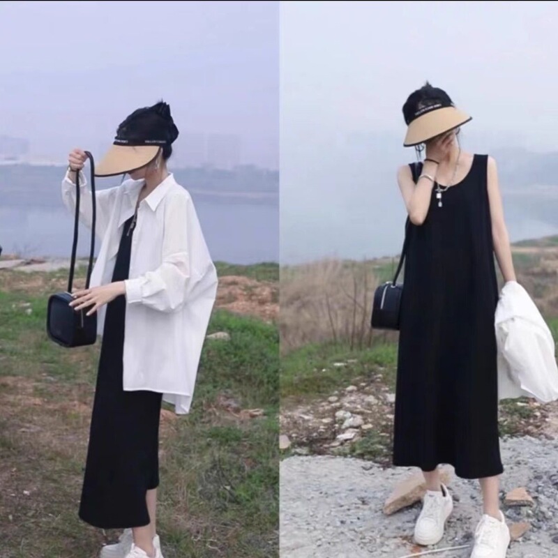 Summer Ice Silk Mid-Length Black Camisole Dress for Women, Sleeveless, Elegant, Loose Fit, Plus Size Summer Ice Silk Mid-Length Black Camisole Dress for Women, Sleeveless, Elegant, Loose Fit, Plus Size
