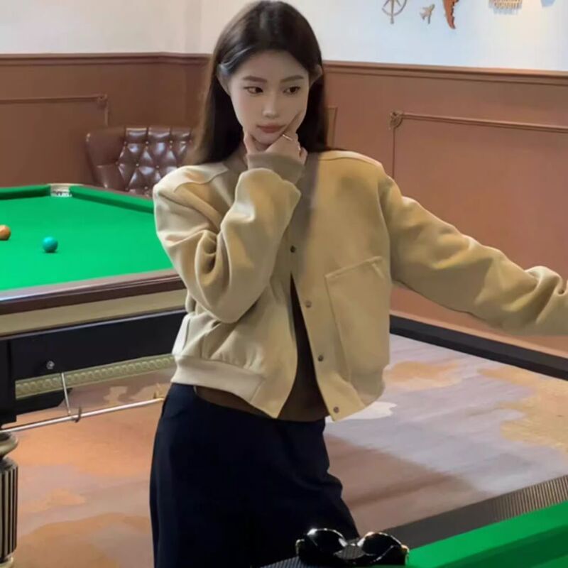 美式复古灰色短款棒球服外套女春秋款设计感小众宽松休闲夹克上衣|undefined