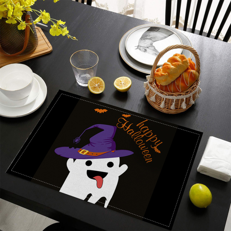 国境を越えた売れ筋ハロウィンプリントリネンプレースマット洋食レストランテーブルホーム断熱ナプキン滑り止めテーブルクロスマット|undefined
