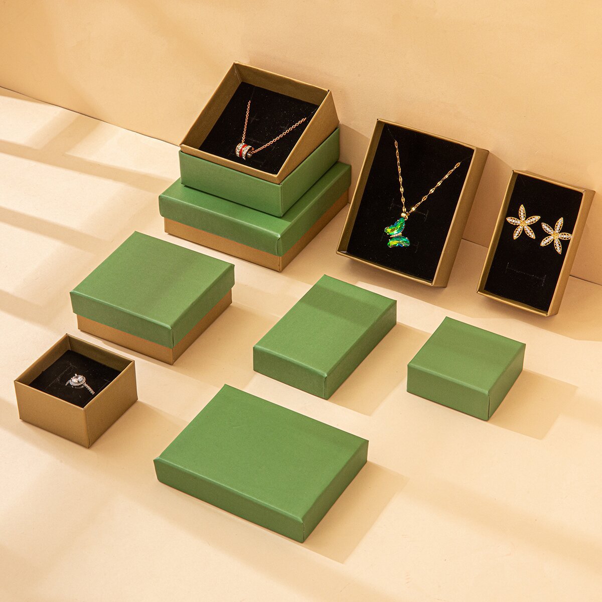 Caja de embalaje clásica de joyería verde-dorado, collar, caja de regalo, brazalete, orejas, cubierta de joyería, caja de regalo