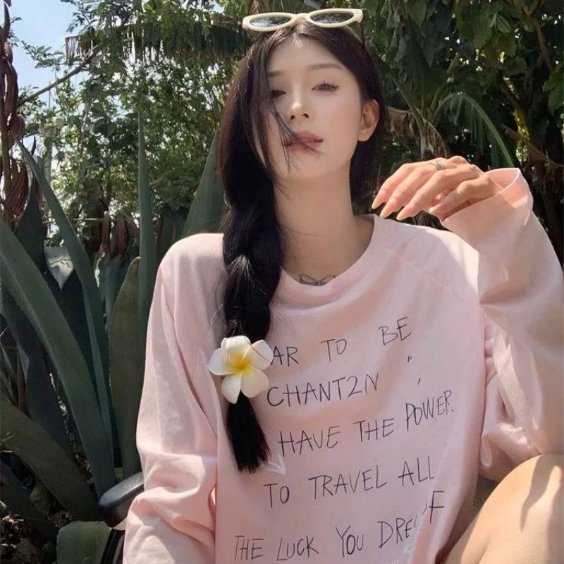 韓国文字プリント新作ルーズミドル丈トップイン薄手微透け日焼け止め長袖Tシャツ2025春夏|undefined