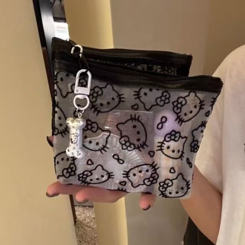 透明网纱kitty补妆包便携外出化妆包收纳旅行装实用零钱包耳机包|undefined
