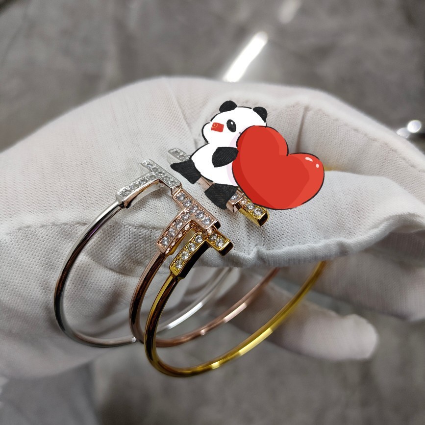 厂家直销T家手镯 镶嵌精致高级时尚个性开口双T满钻手环 生日礼物