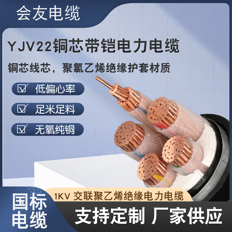 厂家批发低压电缆YJV22铜芯阻燃聚氯乙烯外层带铠工程电线电缆