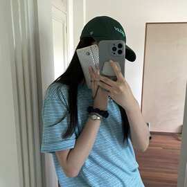 【广州原版面料】 螺纹领口 +后包边 刺绣字母条纹短袖恤男女实价